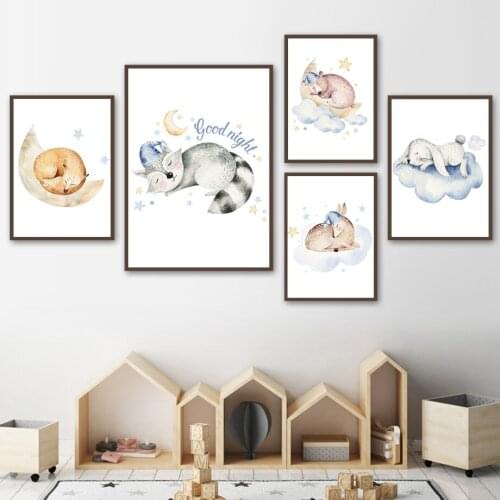 Wall Art Canvas Painting Bear Deer Rabbit Fox Raccoon Dream Nordic Posters And Prints Nursery Wall Pictures Baby Kids Room Decor