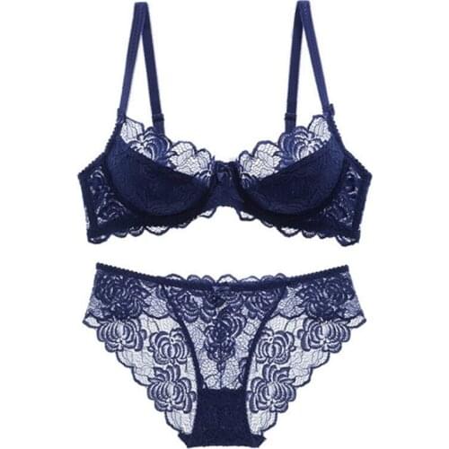 Sexy Womens Floral Lace Embroidery Bra Set Ultrathin Transparent Bra with Panties Hollow Out Underwear Black Lingerie 40 42 C D