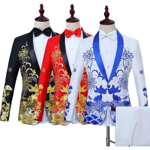 Host Costume Prom Floral Jacket Men Embroidery One Button Slim Blazers Pants 2pc Suits Set C8