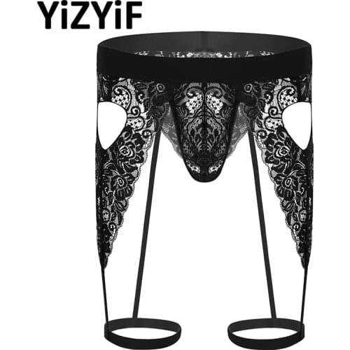 Swimwear Men Bikini Thong Underwear Lingerie See Through Lace Open Butt Bulge Pouch Cutout Heart G-string with Leg Garters Band