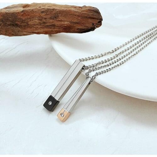 Cyue Fashion 316L Stainless Steel Couples Necklace Square Columns Pendant charm With AAA CZ For Boy/Girl Jewelry