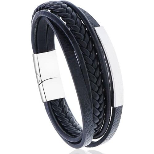 Fashion Casual Stainless Steel Black Brown Bracelet Retro Cuff Leather Charm Bangle for 20.5/22.5 Wristband Vintage Punk Jewelry