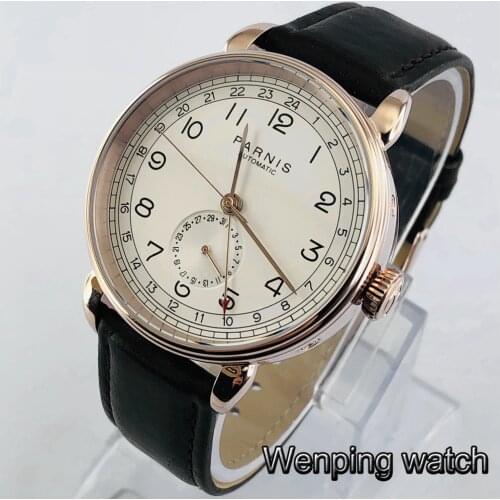 Parnis 42mm rose gold case GMT arab mark date window leather strap mens top leisure automatic mechanical watch