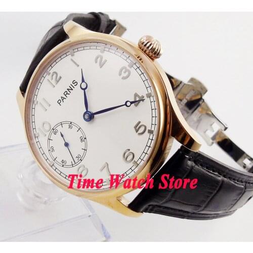 Parnis 44mm 17 jewels 6497 hand winding mens watch white dial rose golden plated case deployant clasp leather strap 220