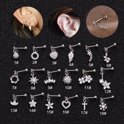 Stainless Steel Cross Heart Flower Crown Piercing Cz Ear Studs Helix Piercing Cartilage Earring Rook Tragus Conch Stud