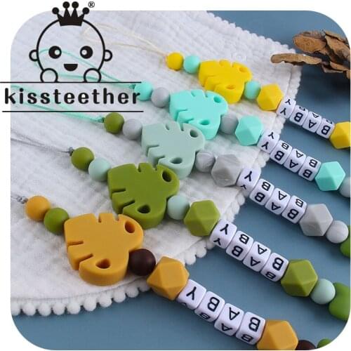 Kissteether Personalized Name Pacifier Clips Nipple Holder Leaf Silicone Teether Beads Teething Toy Hang Strap Lollipop Attachme