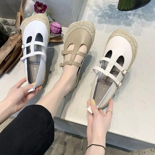 Sports White Womens Shoes College Style Black Leather Shoes with Buckle Mary Jane Shallow Shoes
