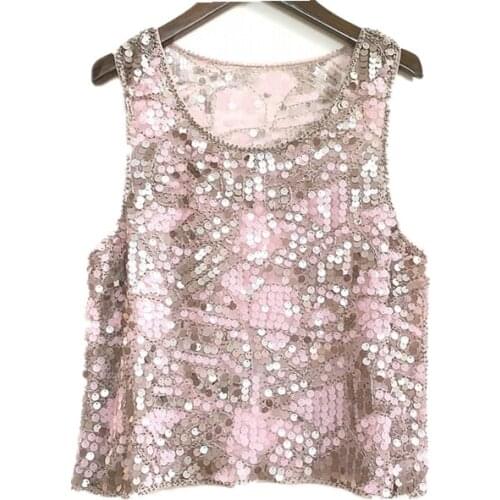 Embellished Sequin Evening Top Ladies Vintage Beaded Mesh Top Summer Casual Sleeveless Paisley Tank Top with Appliques