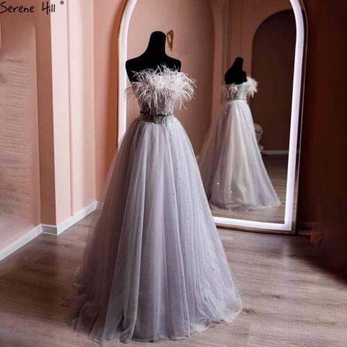 Serene Hill Dubai Design Grey Strapless Luxury Evening Dress 2021 Beading Feathers A-Line Formal Party Wear Gown CLA70803