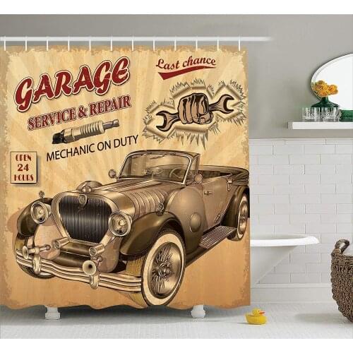 Vintage Decor Shower Curtain Nostalgic Car Figure with Garage Service and Repair Store Phrase Dated Faded, Fabric Bathroom Decor