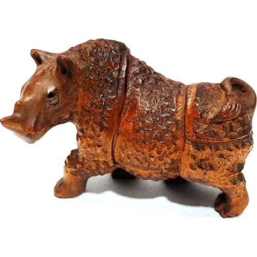 Y7482 - 2" Hand Carved Japanese Boxwood Netsuke Figurine Carving : Strong Rhino