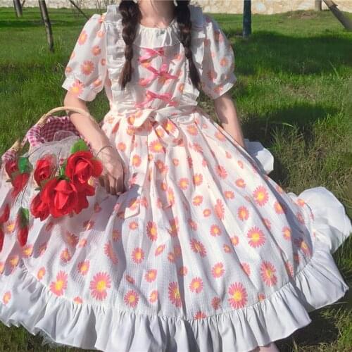 Japanese Sweet Ruffled round Neck Waist Hugging Lace-up Daisy Print Short Sleeve Daily Lolita Dress Female Summer fairy kei