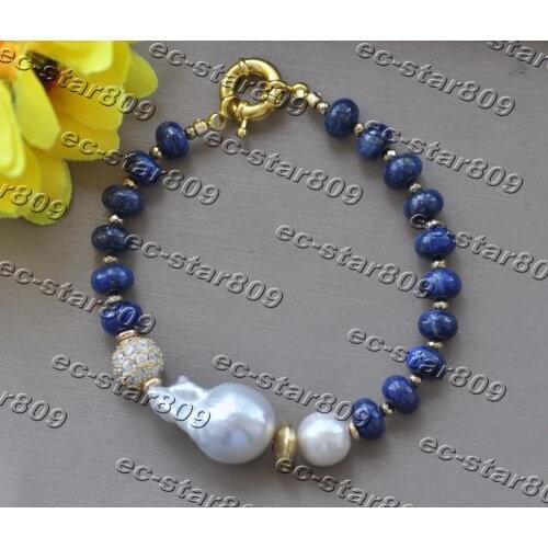 Z11291 8" 25mm Rondelle Blue Lapis Lazuli White Baroque Keshi Pearl Bracelet Women Fasion Jewelry