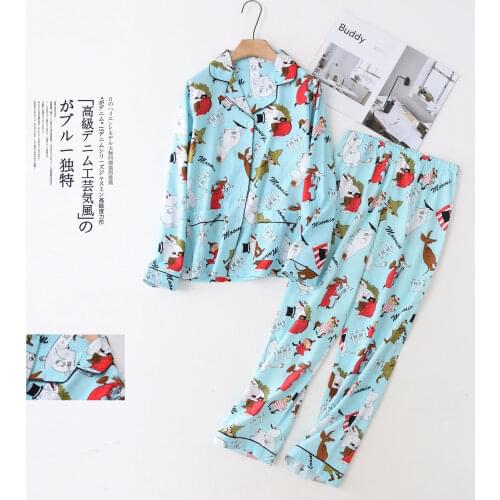 Pyjamas Women 100% Cotton Pajamas Set Print Cartoon Sleep Wear Spring Aututmn Turn-down Collar Full Length Pijama Mujer Homewear