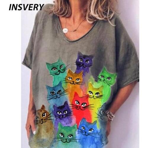 Cat Print Shirt Women V Neck Short Sleeve Animal Print T-shirt Loose Casual Tops Female Vintage Shirt Plus Size Loose Tee 2021