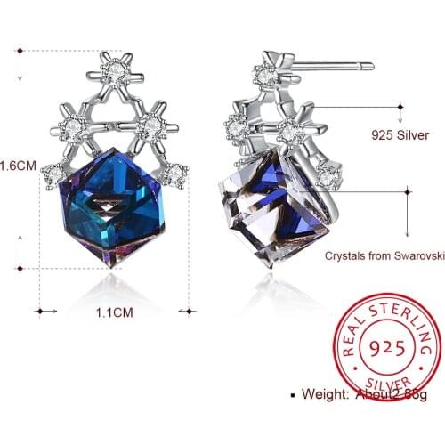 Blue cube Crystals stud earring 925 Sterling Silver Luxury snowflake Earring Korea cute party female fashion gift