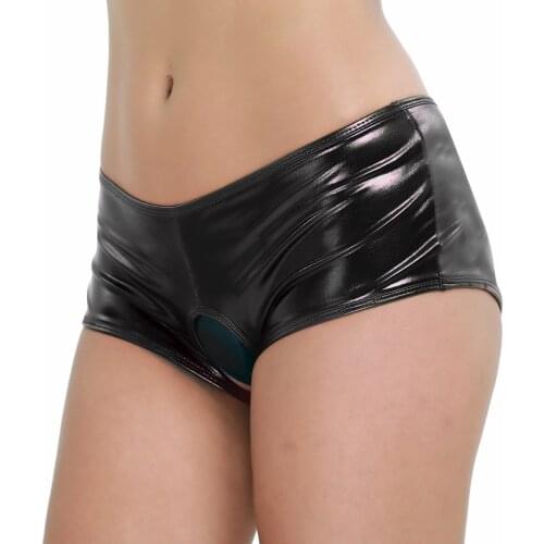 Women Sexy Lingerie Wetlook Faux Leather Open Crotch Shorts Bikini Briefs Latex Underwear Porno Underpants Club Pole Dance Wear
