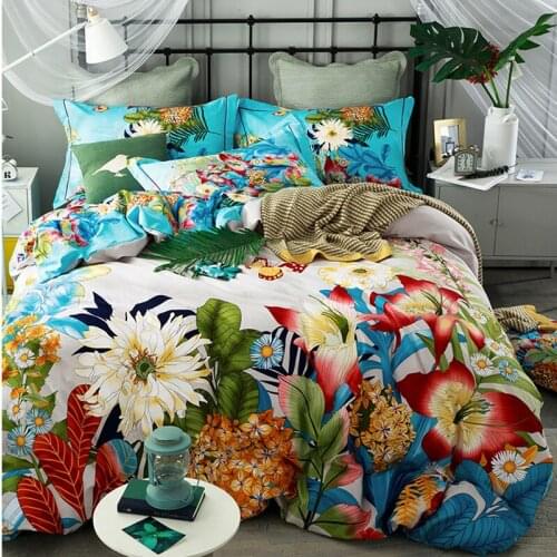 100% Cotton Sanding Printed Flower Bedding Set Wedding Bed Sheet set Duvet Cover Pillowcase Queen King 4pcs colorful white blue