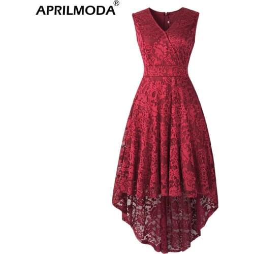 2020 Floral Lace Midi Women Dress V Neck High Waist Robe Femme High Low Hem Party Night Elegant Burgundy Long Formal Dresses