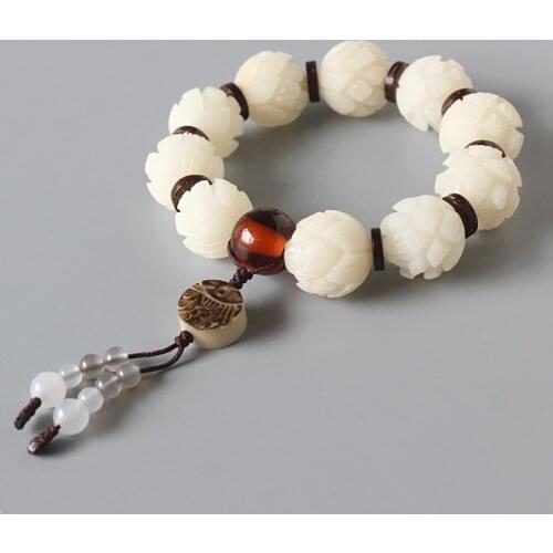 White Bodhi Seed Carved Lotus Flower Beads Stretch Bracelet For Women Unique Wood Crafts Beaded Jewelry Artisan Handmade Gift