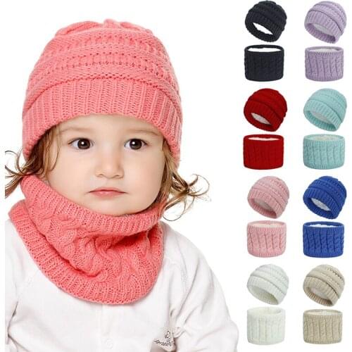 Baby Hat Scarf Suit New Autumn Winter Knitteed Kids Hat Scarf Set Velvet Thickened Infant Hat Scarf Cotton Caps Neck Kids Hats