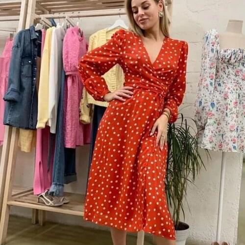 Foridol Polka Dot V Neck Maxi Long Dress Autumn Winter Vintage Long Sleeve Red Dress Elegant Office Ladies Dress Vestidos 2021