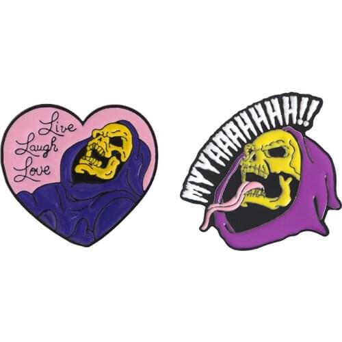 He-Man and the Masters of the Universe Heart Shape Live Laugh Love Skeletor Skull Halloween Enamel Brooches Pin For Friends