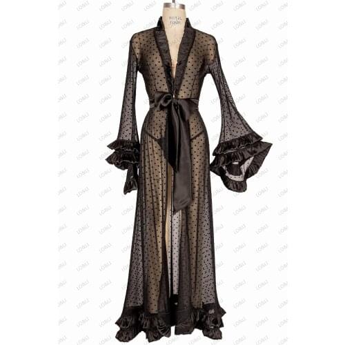 LO&LI Polka-Dot Black Lace With Satin Bridesmaid Robes Long Sleeve Bathrobes Femme Nightie Gown Kimono Womens Pajamas Wedding