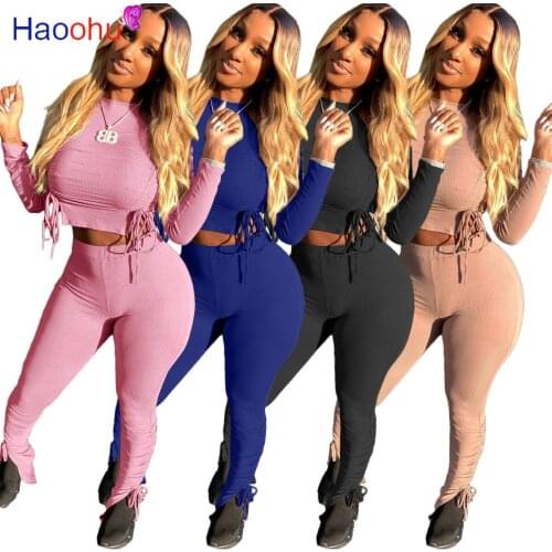 HAOOHU Knitted Stacked Pants 2 Piece Set Women Casual Sportswear Long Sleeve Crop Top Tracksuits Fashion Outfit Matching Sets