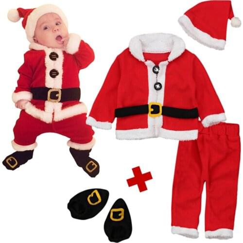 Kids Infant Christmas Cosplay Santa Claus Costume Toddler Baby X-Mas Party Cos Outfit 4 Pcs Set Children Gift For Boys Girls