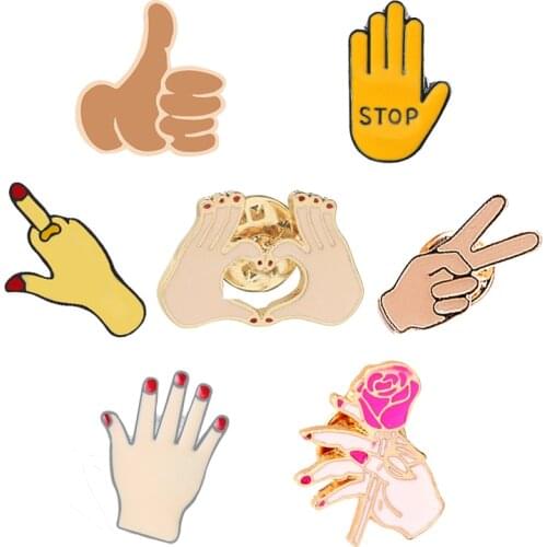 Creative Hand Enamel Pins Stop Yeah Good Gesture Brooches Finger Heart Rose Clothes Bag Pin Button Badges For Women Man Jewelry