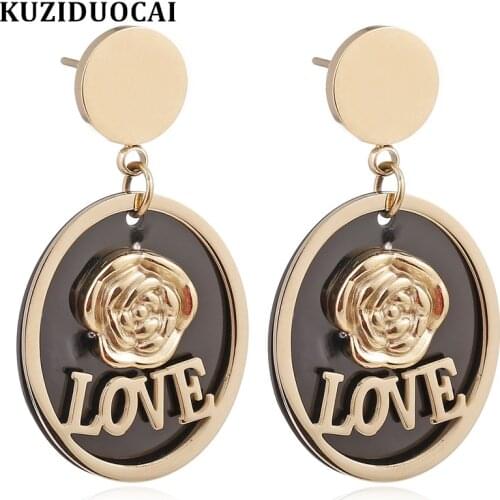 Kuziduocai New Fashion Jewelry Flower Love Rose Dangle Oval Titanium Stainless Steel Statement Drop Earrings For Women oorbellen