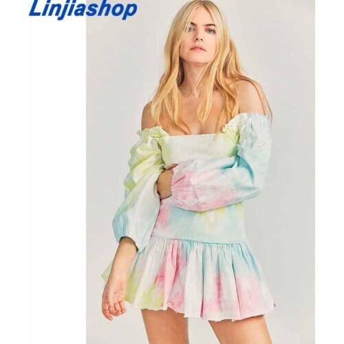 Summer Mini Dress New Women Sweet Square Collar Puff Sleeve Ruffle Puffy Fairy Dress Holiday Style Fashion Chic Loose