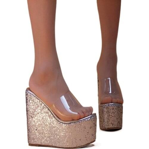 13cm summer new transparent Sequin thick bottom slope heel fish mouth high heel waterproof platform comfortable womens slippers