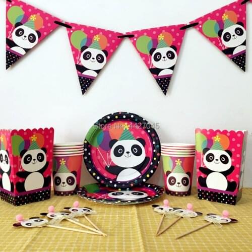 Lovely colorful cartoon panda paper plate cups flag popcorn boxes party decoration for kids boys girls birthday party