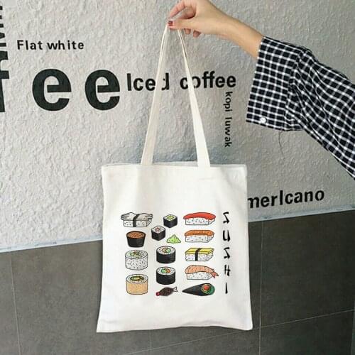 Kawaii Sushi Set Tote Bags Harajuku Girl Shoulder Bag Ladies Canvas Shopping Bag Female Eco Handbag Foldable Tote Large Capacity