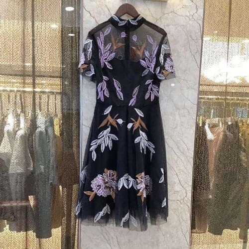 Fashion Women Vintage 2021 High Quality Summer Flower Embroidery Mesh Knee-Length Party Holiday Dress