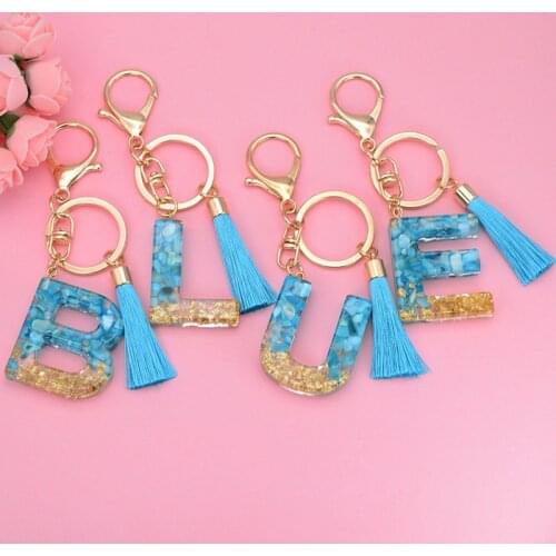 Fashion Women Blue Long Tassel Alphabet Keychain Cute A-Z Resin Letter Pendant Key Chain Handbag Bag Charms Car Key Accessories