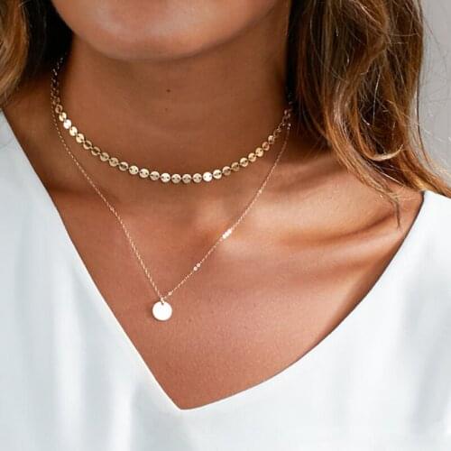 2017 New Trendy Gold-Color Delicate Coin Hand linked Chain Little Sequins Layering Choker Dainty Collar Necklace for Women