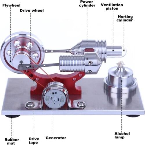 2019 New Metal Body Quartz Glass Hot Cylinder Single Cylinder Stirling Engine Model Micro Generator Engine STEM Toys Gift - Red