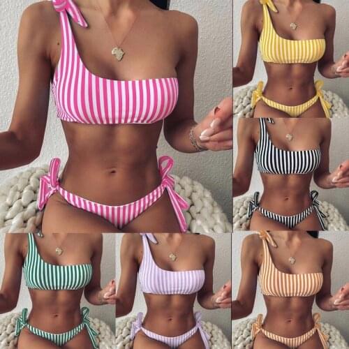 2021 New 2pcs Women Summer Swimwear Bandage Swimsuit One Shoulder Bikini Set Push-up Stripe Beachwear Swimsuit Bathing Suit