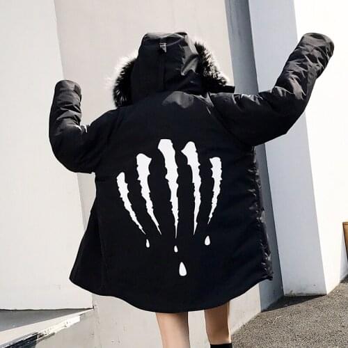 2018autumn and winter new hip-hop carved raccoon fur collar cotton coat men and women loose mountain eagle coat