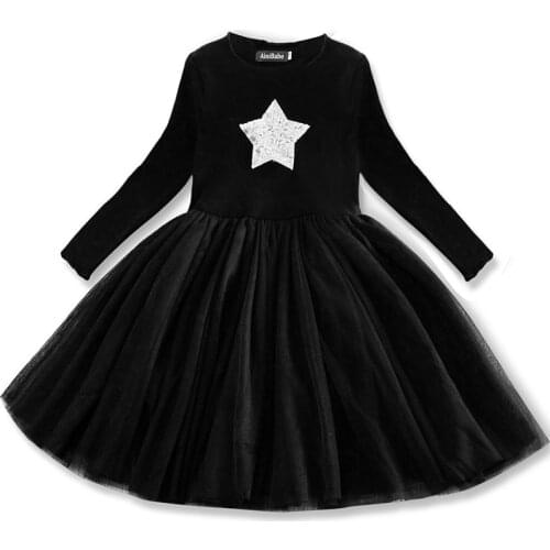 New Girls Autumn Winter Dress Stars Sequins Mesh Party Dresses for 3-8 Years Children Casual Long Sleeve Clothing Tutu Outfits