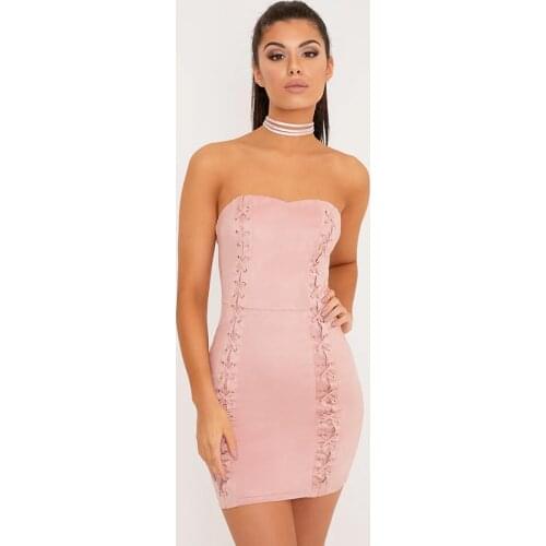Slim Lace Up Strapless Pink Cold Shoulder Sleeveless Bandage Mini Skinny Dress