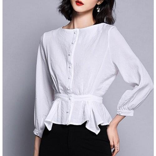 Fall Casual Womens Female White Black Ruffles Irregular Buttons Cardigan Blouse Shirt , Spring Women 3/4 Sleeve Chiffon Blouses