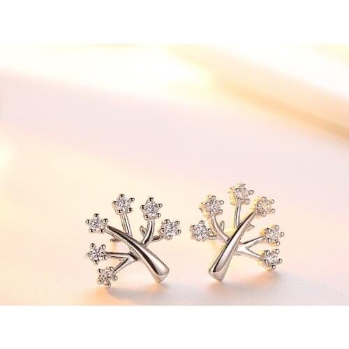Cute Female Crystal Wishing Tree Earring 925 Sterling Silver Wedding Earrings For Women Charm White Zircon Stone Stud Earrings