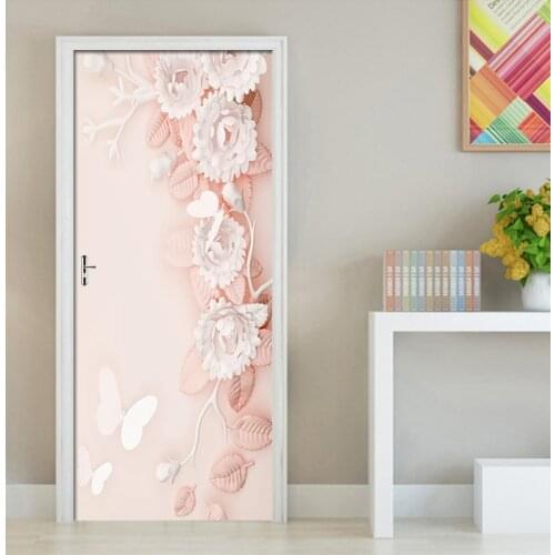 Nordic Pink Embossed Flowers Door Stickers Mural PVC Self-adhesive Wallpaper Poster Living Room Bedroom Door Decor Decals Mural