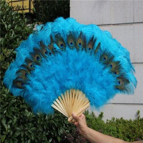 1pcs/lot High Quality Lake blue Ostrich Feather Fan Halloween Party Celebration Performance Crafts Props DIY Peacock Feather Fan
