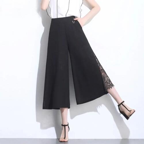 Women Chiffon Wide Leg Pants Summer Korean Fashion High Waist Lace Split Leg Plus Size Trousers Casual Pantalones Mujer Clothing