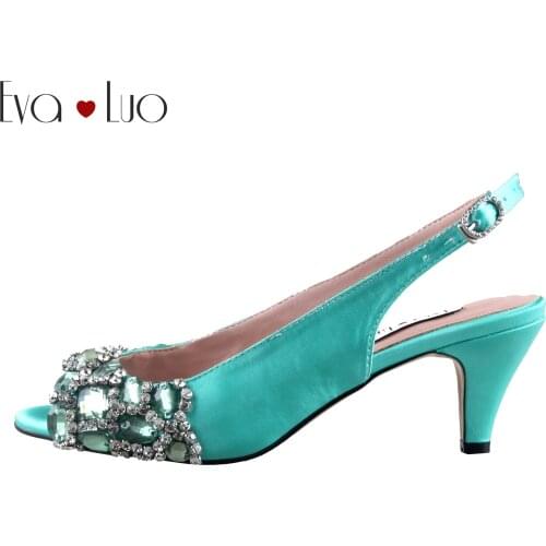 CHS1020 Custom Made Mint Green Low Heel Crystal Shoes Slingbacks Women Party Shoes Bridal Wedding Shoes